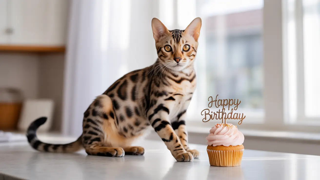 A Bengal cat sitting next to a birthday cupcake with a 'Happy Birthday' topper