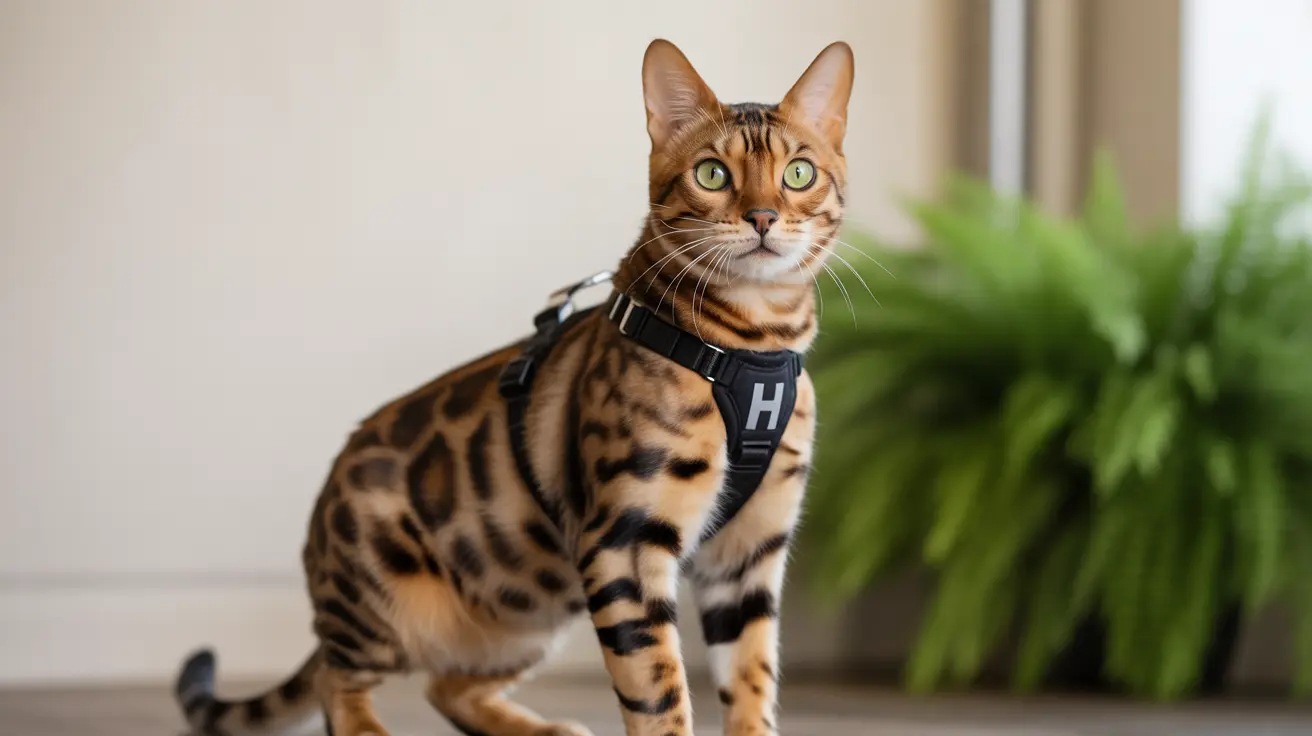A Bengal cat wearing a black harness sitting attentively indoors near a green plant