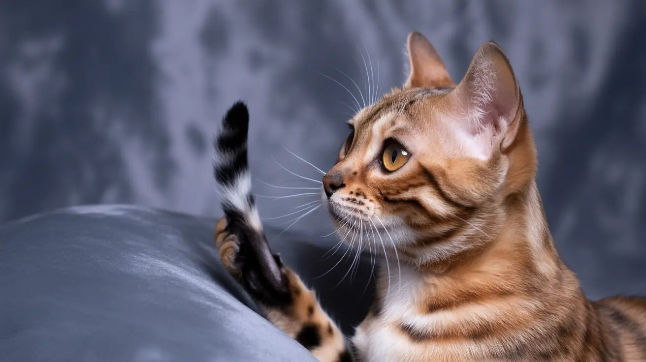 A Bengal cat sitting with an alert and elegant pose against a soft gray background
