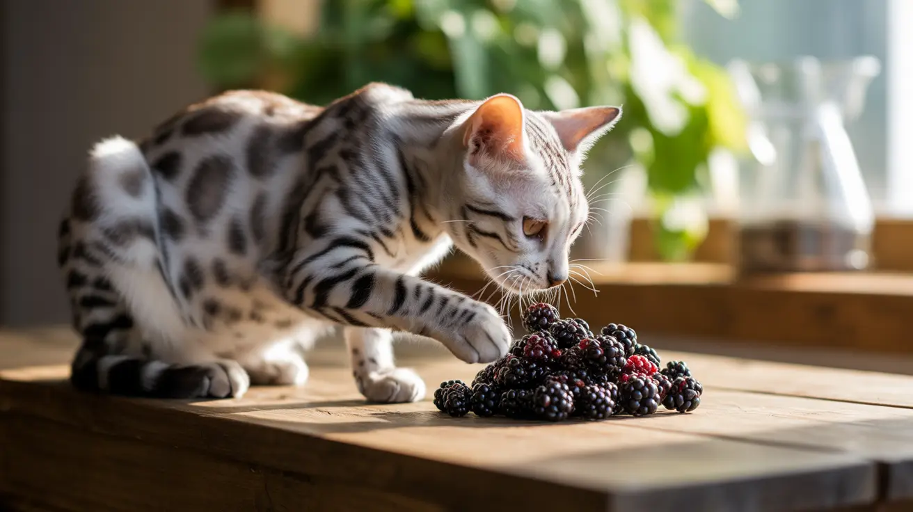 Un gato bengalí observa y examina curiosamente un grupo de moras colocadas sobre una superficie de madera junto a una ventana.