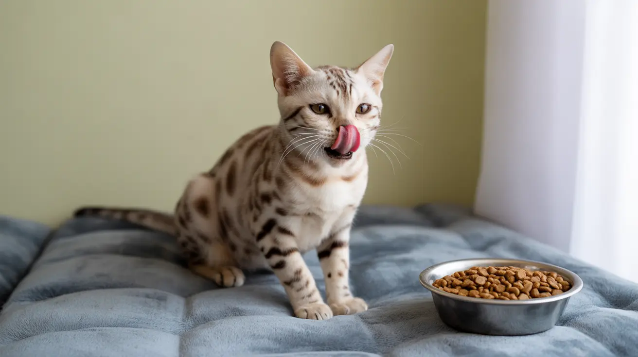 A Bengal cat sitting on a blue blanket with a bowl of dry cat food, licking its lips