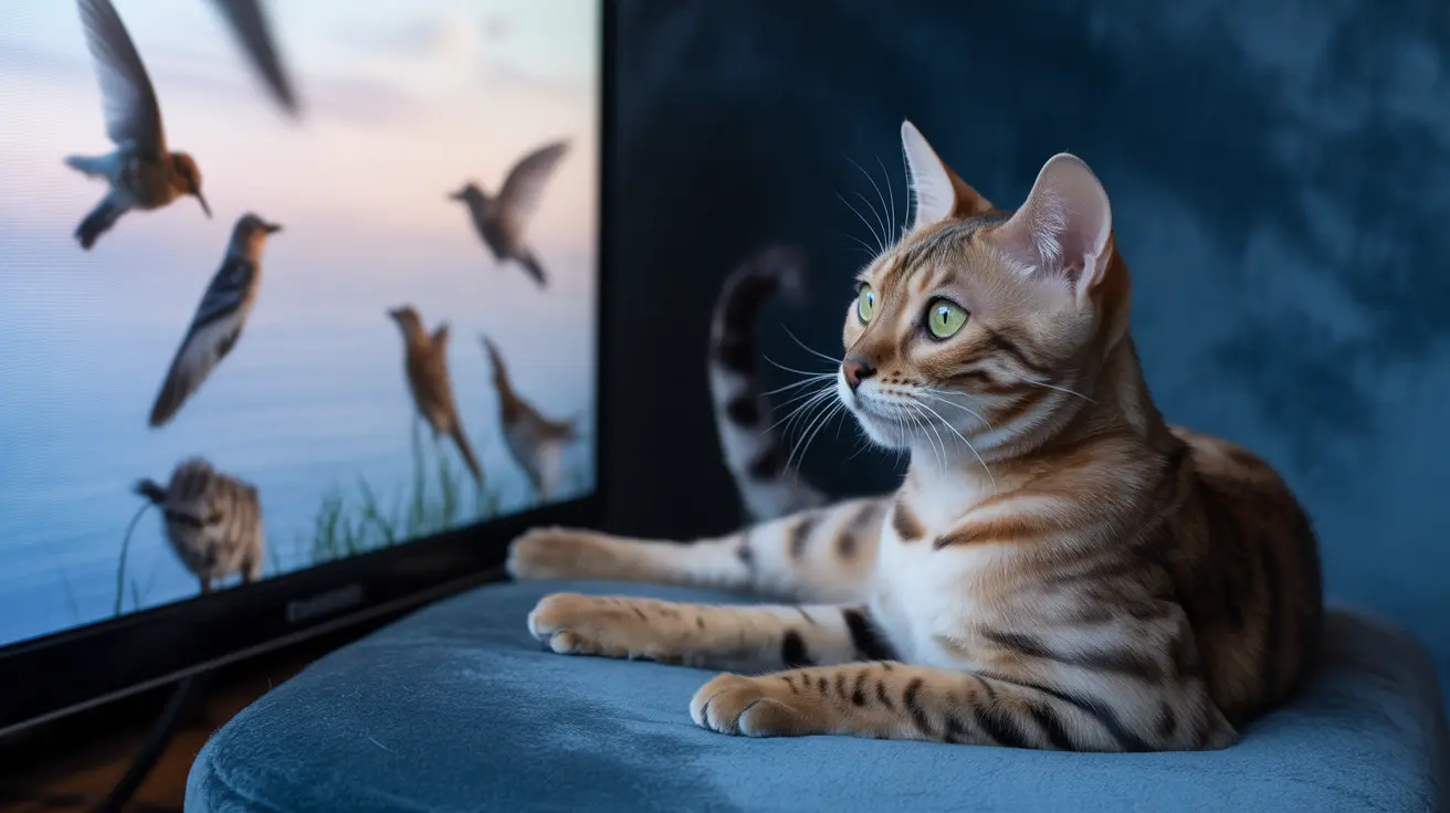 Un gato Bengala sentado sobre un cojín azul mirando una pantalla con pájaros volando