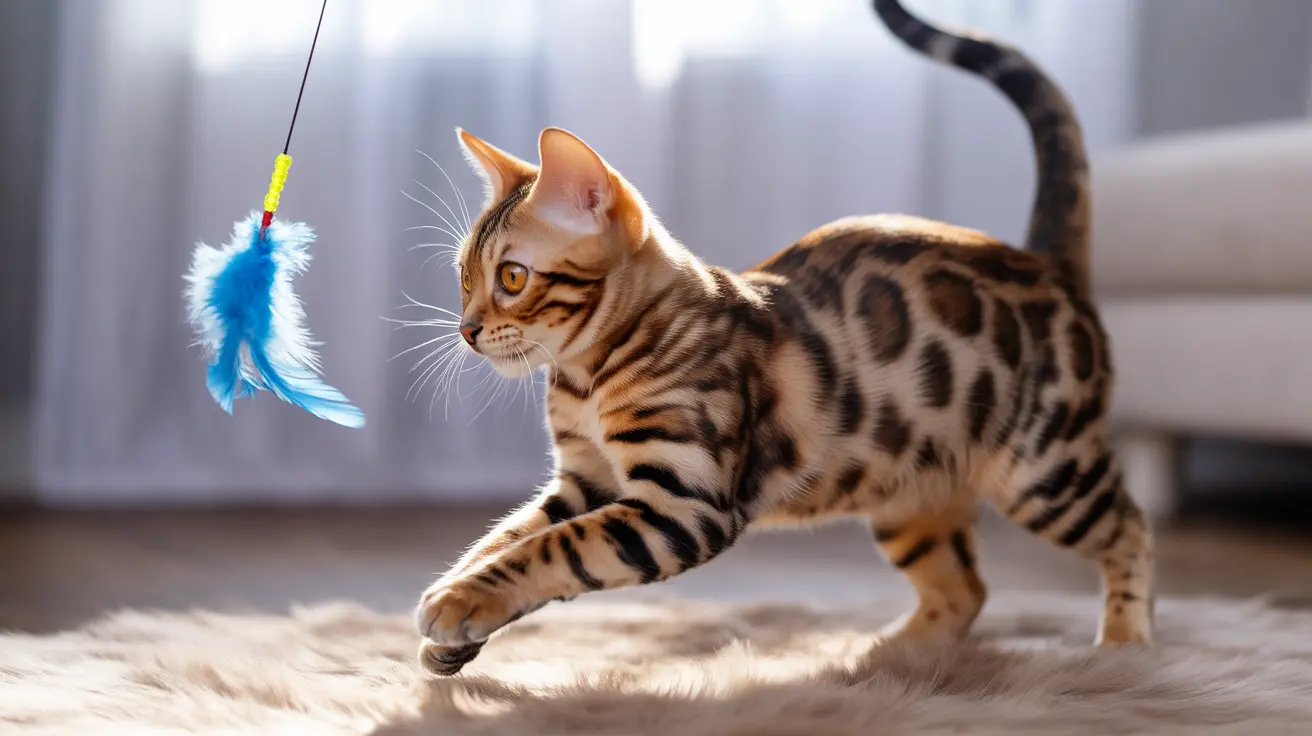 Bengal cat playing with blue feather toy indoors