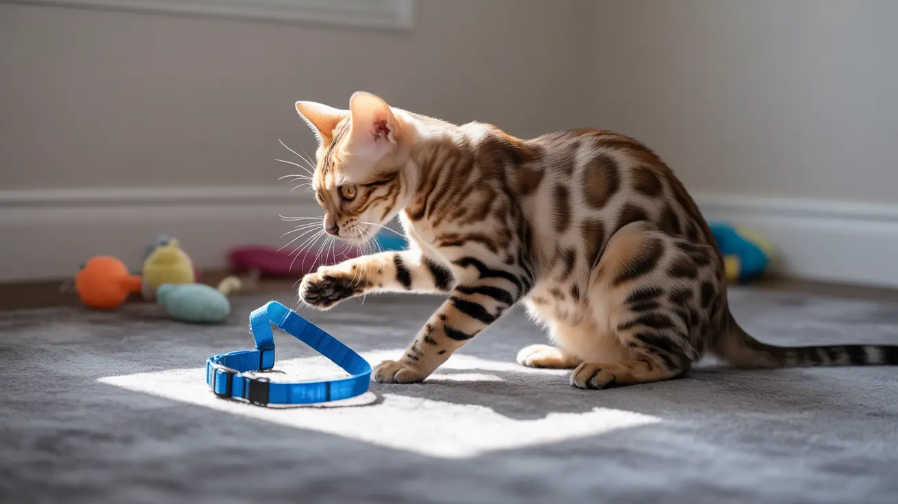 A Bengal cat interacting with a blue cat harness on a gray carpet near colorful pet toys.