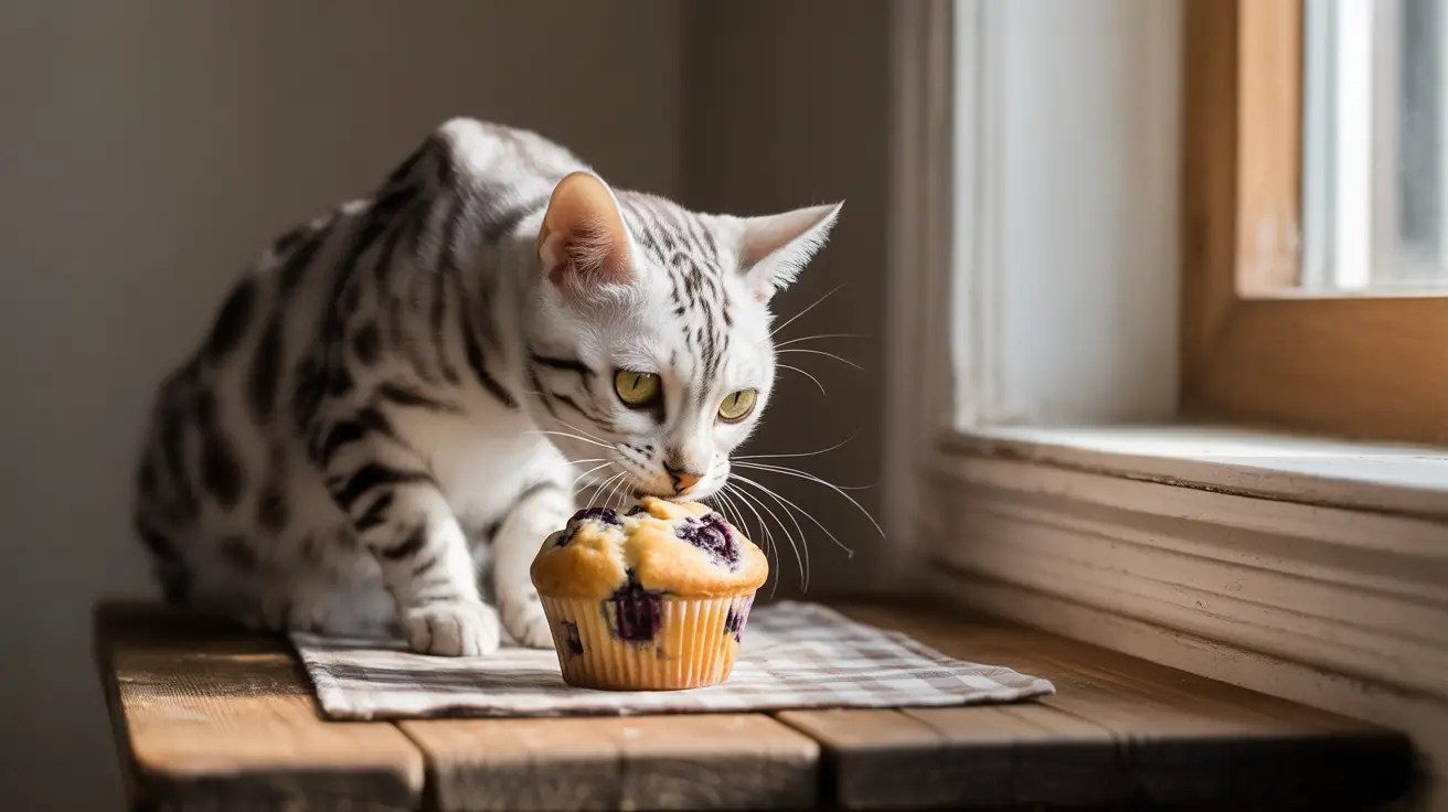 A Bengal cat examining a blueberry muffin near a window
