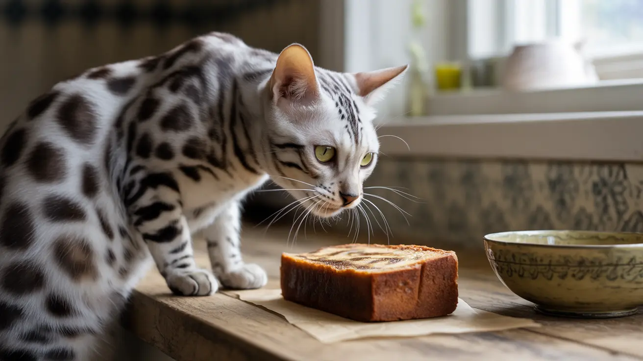 A Bengal cat intently examining a loaf of bread on a wooden surface near a window