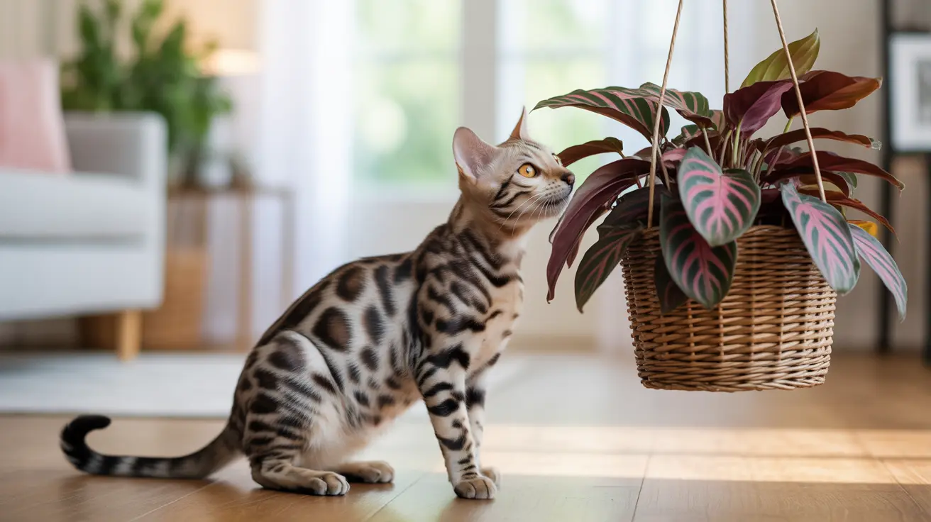 A Bengal cat on a wooden floor looking up at a hanging plant basket