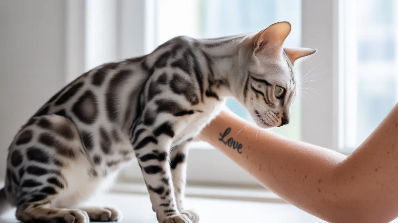 A silver and black spotted Bengal cat near a window, close to a human arm with a 'Love' tattoo