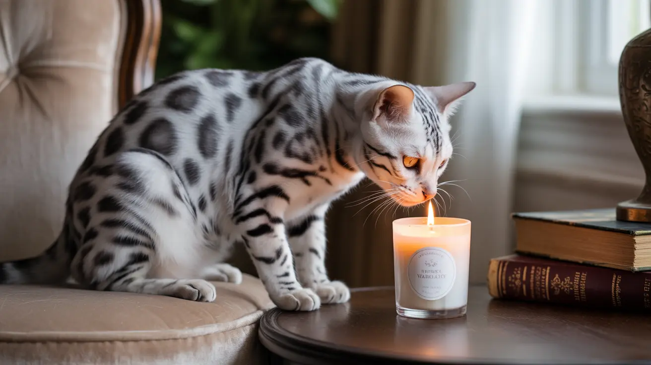 A Bengal cat curiously examining a lit candle on a side table near some books