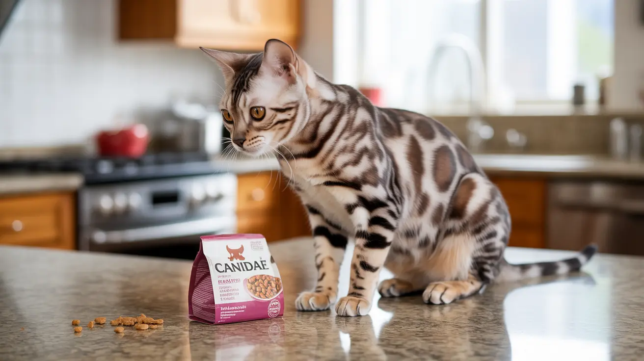 A Bengal cat sitting on a kitchen countertop next to a bag of Canidae cat food with some kibble scattered nearby