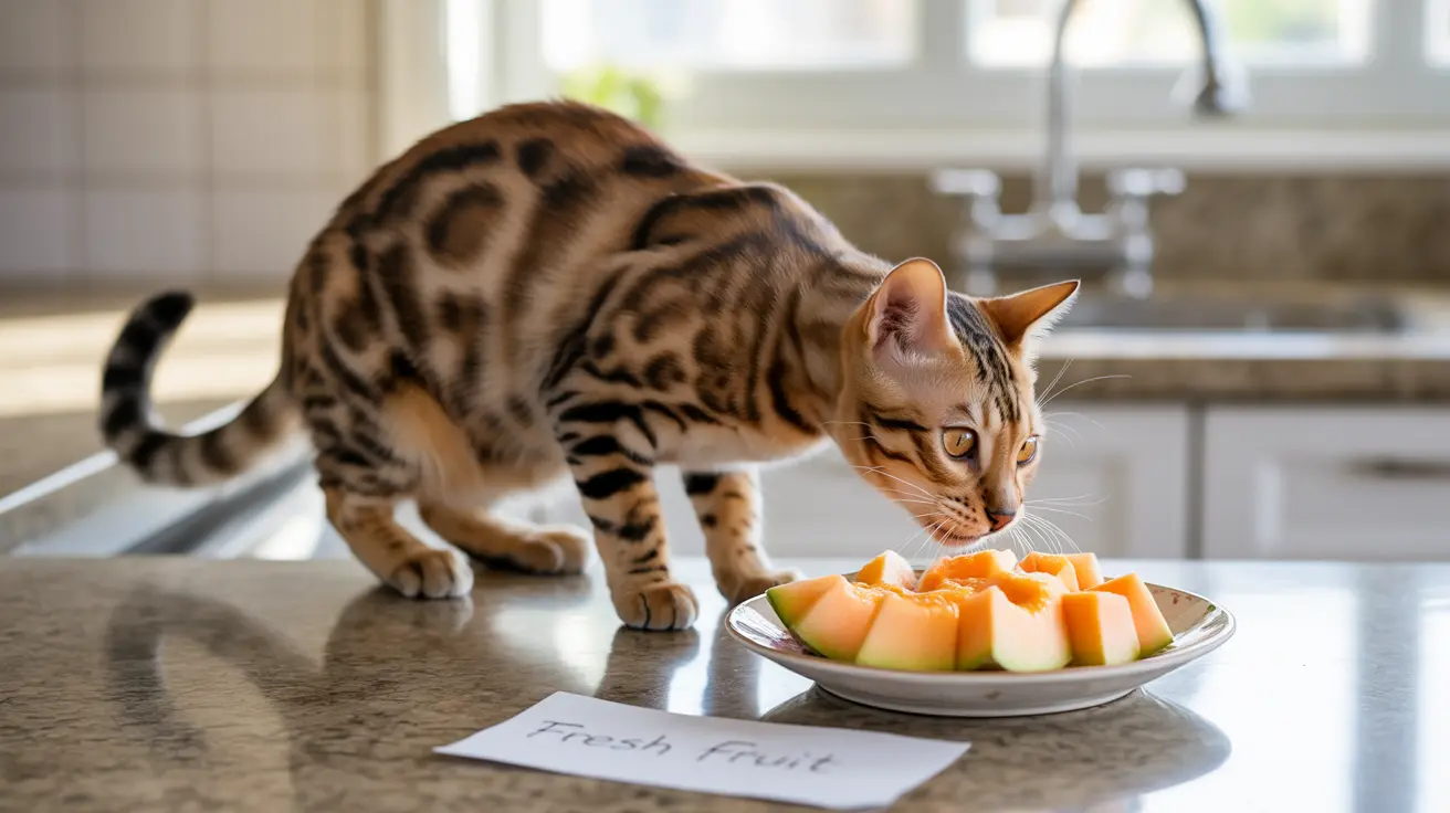 A Bengal cat investigating a plate of fresh cut cantaloupe in a kitchen setting