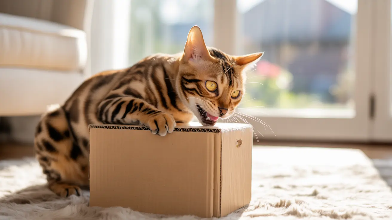 A Bengal cat sitting on a cardboard box, licking its paw near a bright window