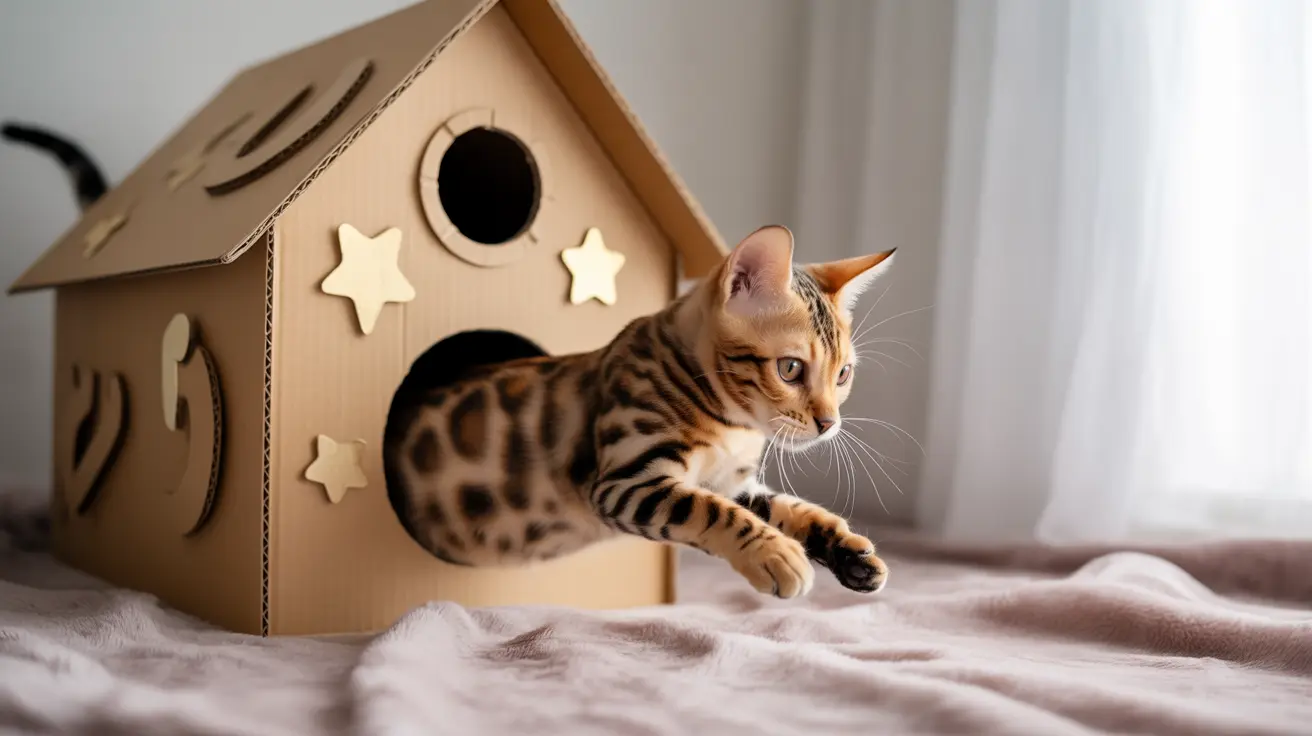 A Bengal cat emerging from a handmade cardboard playhouse with star decorations