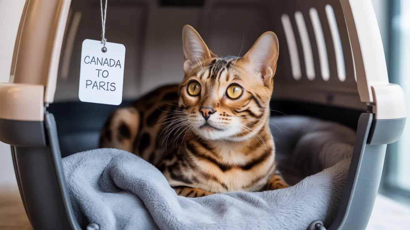 A Bengal cat sitting inside a pet carrier with a 'Canada to Paris' tag, looking alert and comfortable