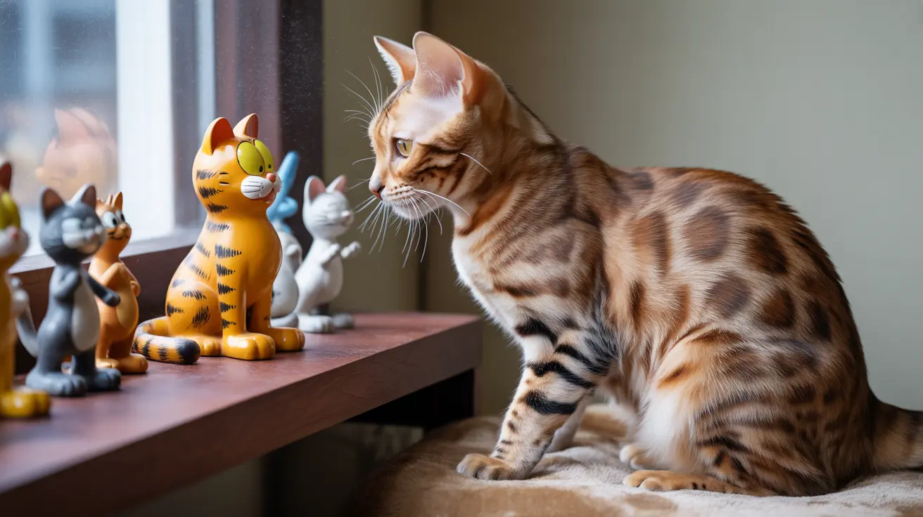 ベンガル猫がカートゥーン風の猫のフィギュアのそばで座り、物思いにふけるように横を見ている様子