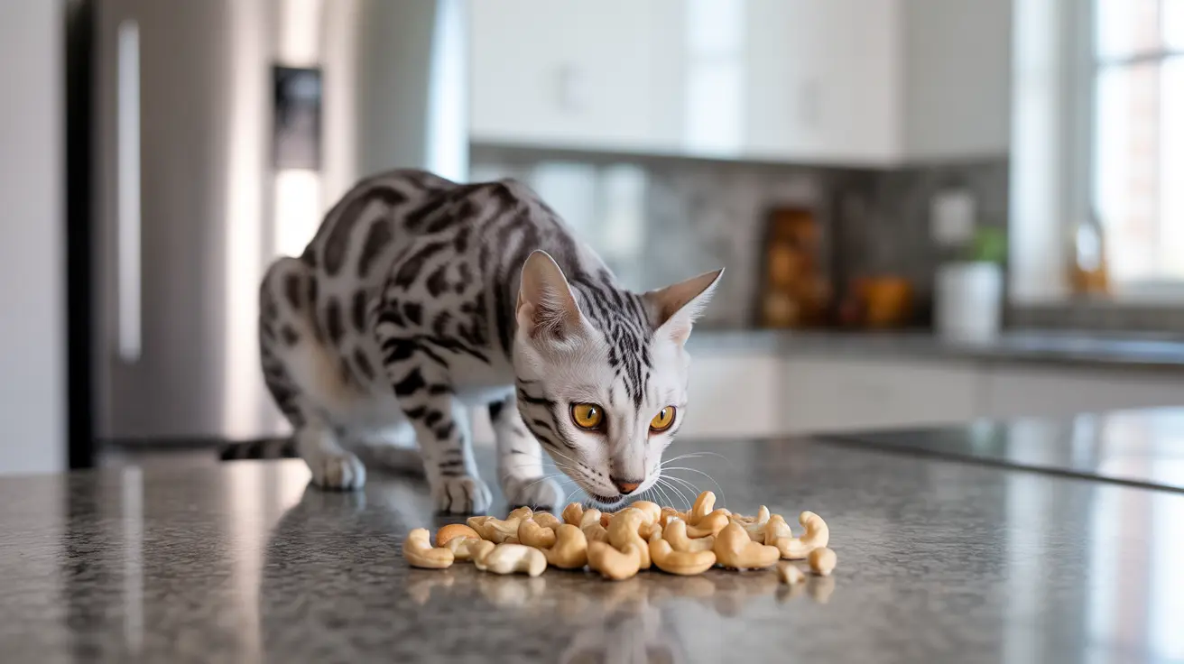 A silver and black spotted Bengal cat examining a pile of cashew nuts on a kitchen countertop