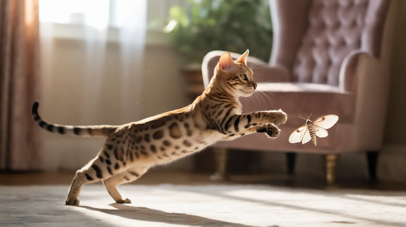 A Bengal cat leaping mid-air to catch a butterfly inside a sunlit living room
