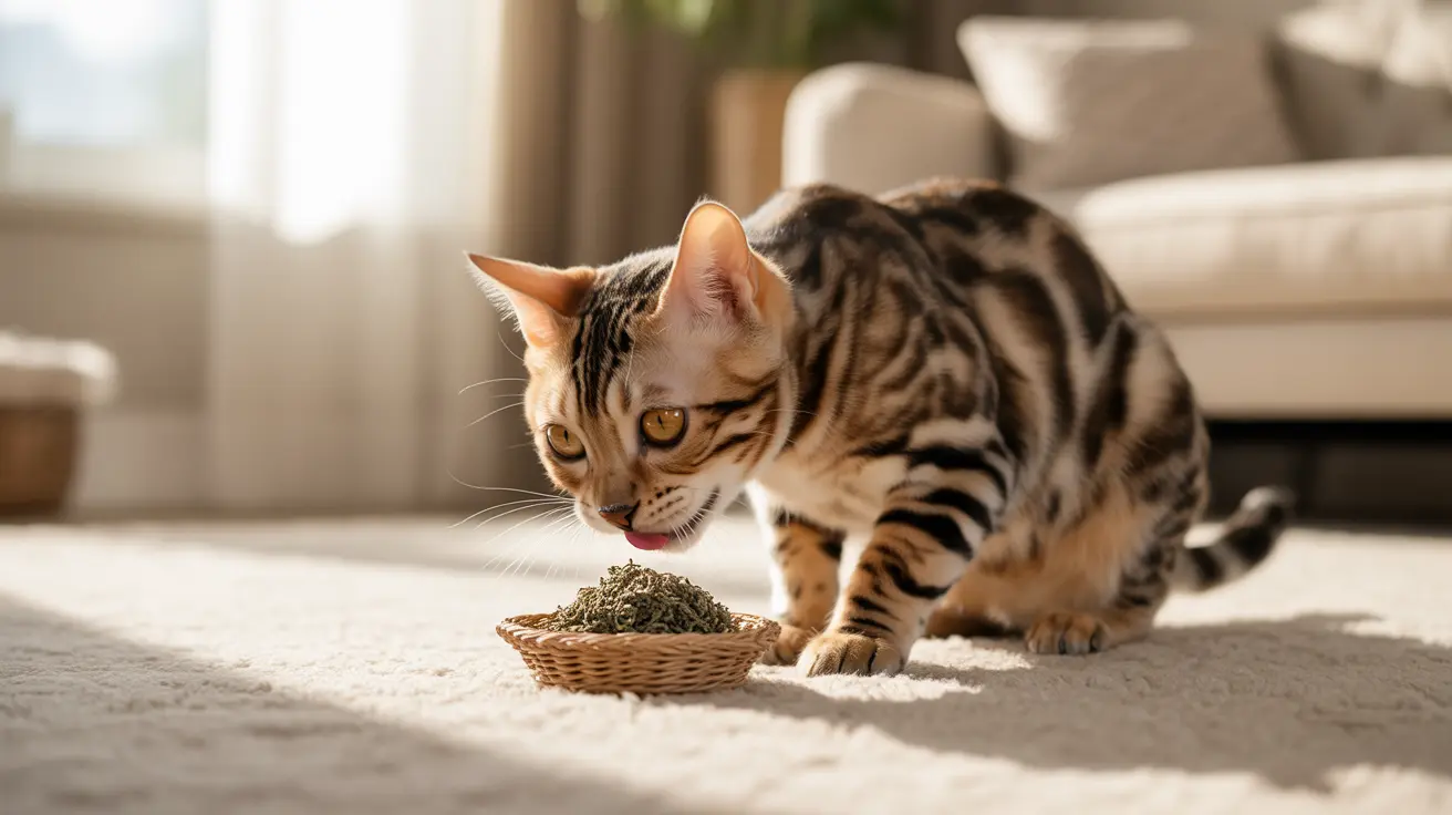 A Bengal cat exploring a small basket of catnip on a plush carpet in a sunlit living room.