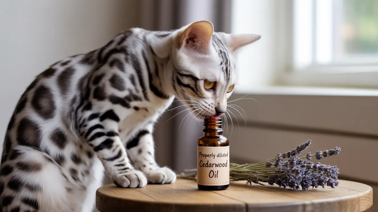 A Bengal cat sniffing a bottle of cedarwood essential oil next to lavender on a wooden surface