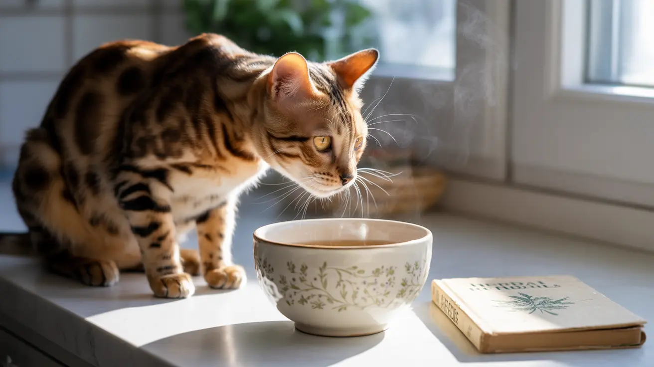 A Bengal cat curiously examining a steaming cup near a book by a sunny window
