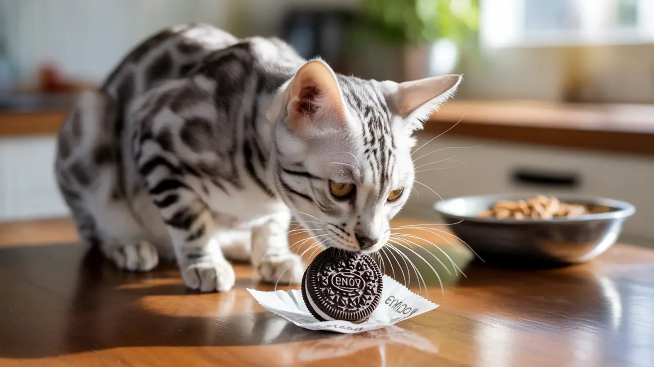 A silver and black Bengal cat curiously examining an Oreo cookie on a wooden surface