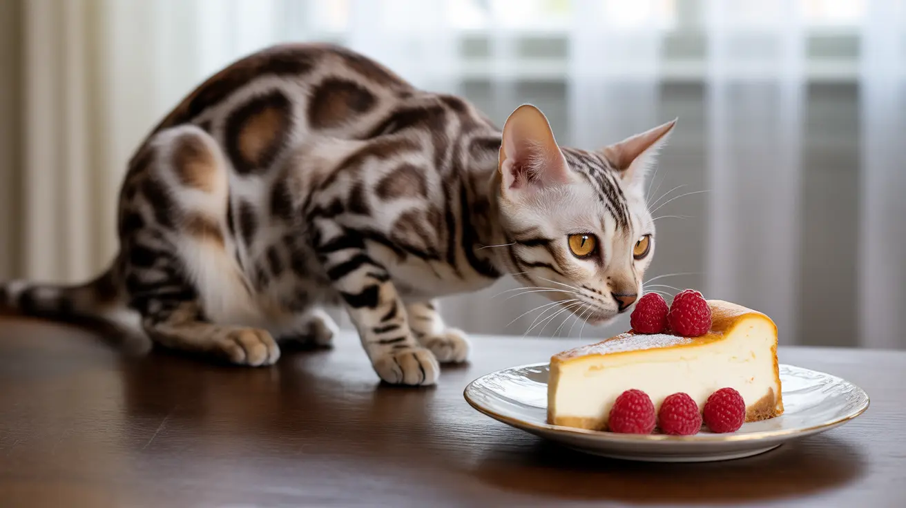 A Bengal cat curiously examining a slice of cheesecake with fresh raspberries on a plate