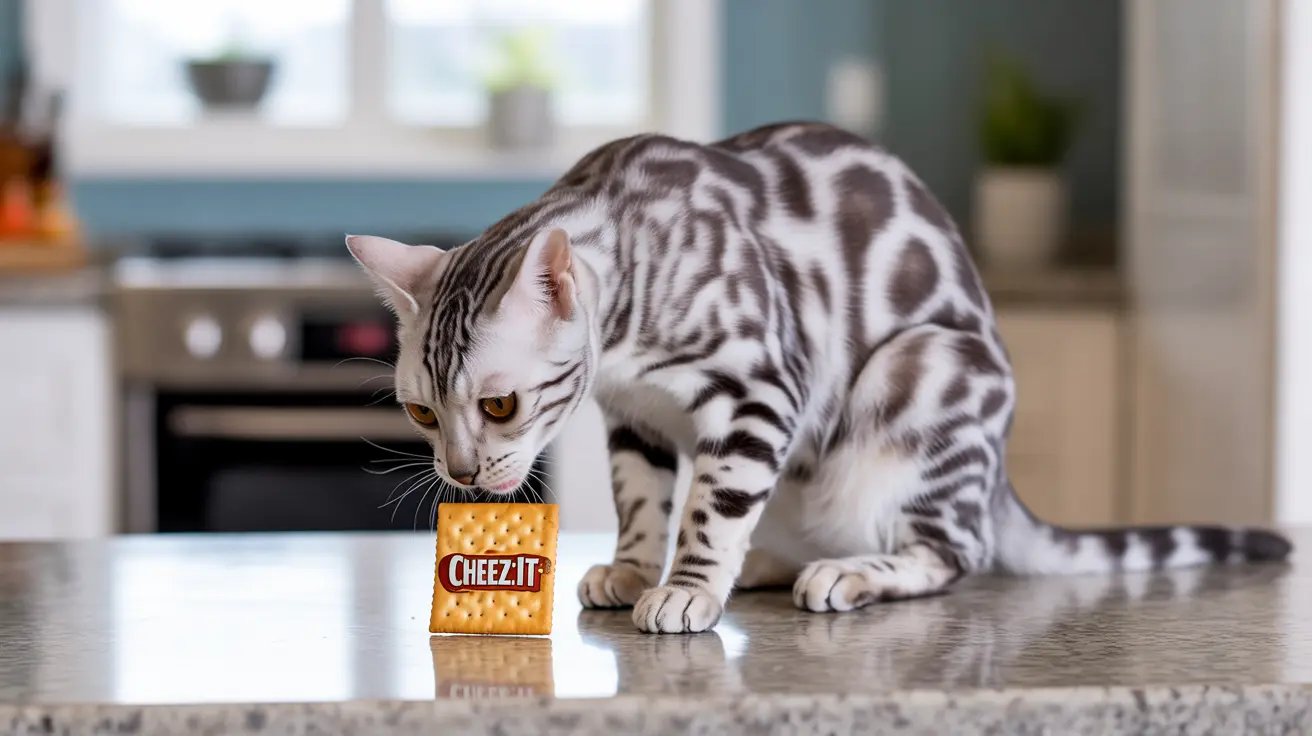 Un gato de Bengala observa de cerca una galleta Cheez-It sobre una encimera de cocina.