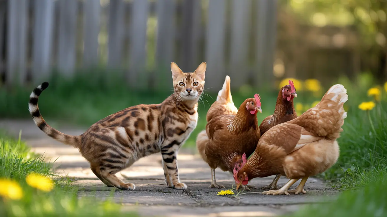 A Bengal cat standing near several brown chickens on a garden path with yellow flowers