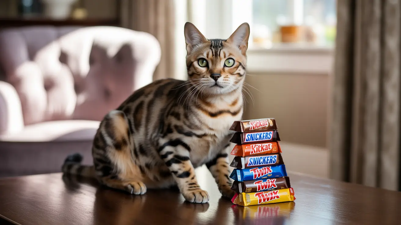 A Bengal cat sitting next to a stack of chocolate candy bars on a wooden table