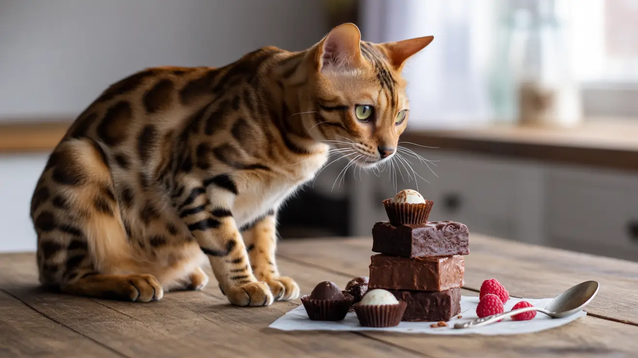 A Bengal cat curiously examining a plate of chocolate desserts and raspberries on a wooden table