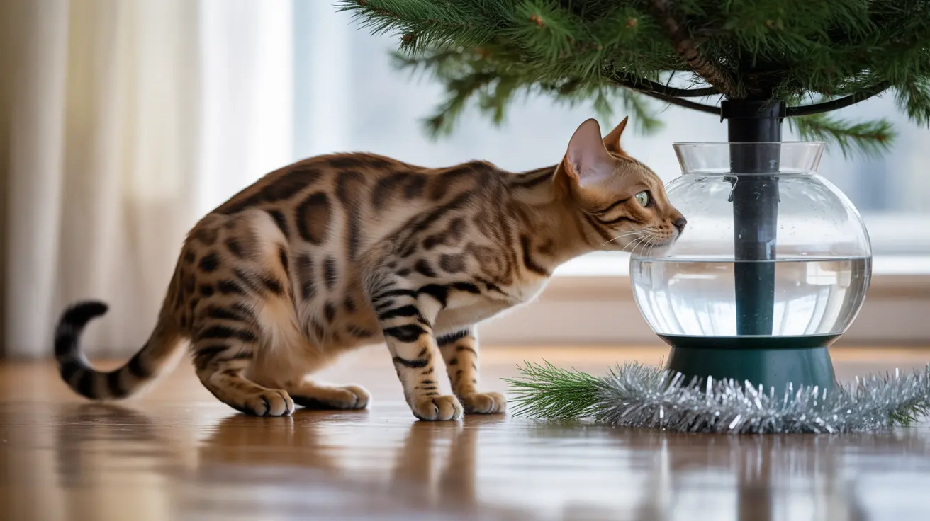 A Bengal cat curiously observing a round glass vase near a Christmas tree