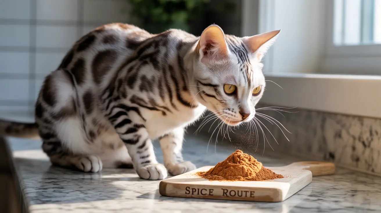 A Bengal cat sitting next to a pile of ground spice on a wooden board labeled 'Spice Route'.