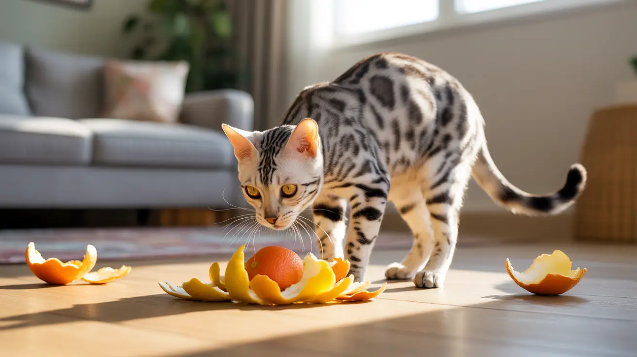 A Bengal cat curiously examining citrus fruit peels on a sunlit wooden floor