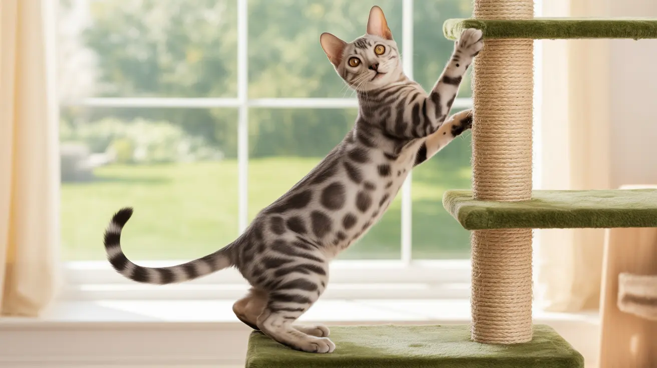 A Bengal cat stretching and climbing on a green cat tree near a large window
