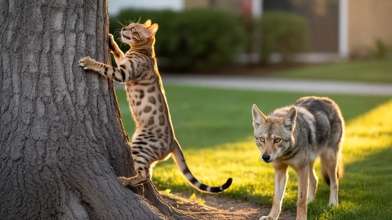 A Bengal cat climbing a tree trunk while a wolf or coyote stands nearby in a suburban yard