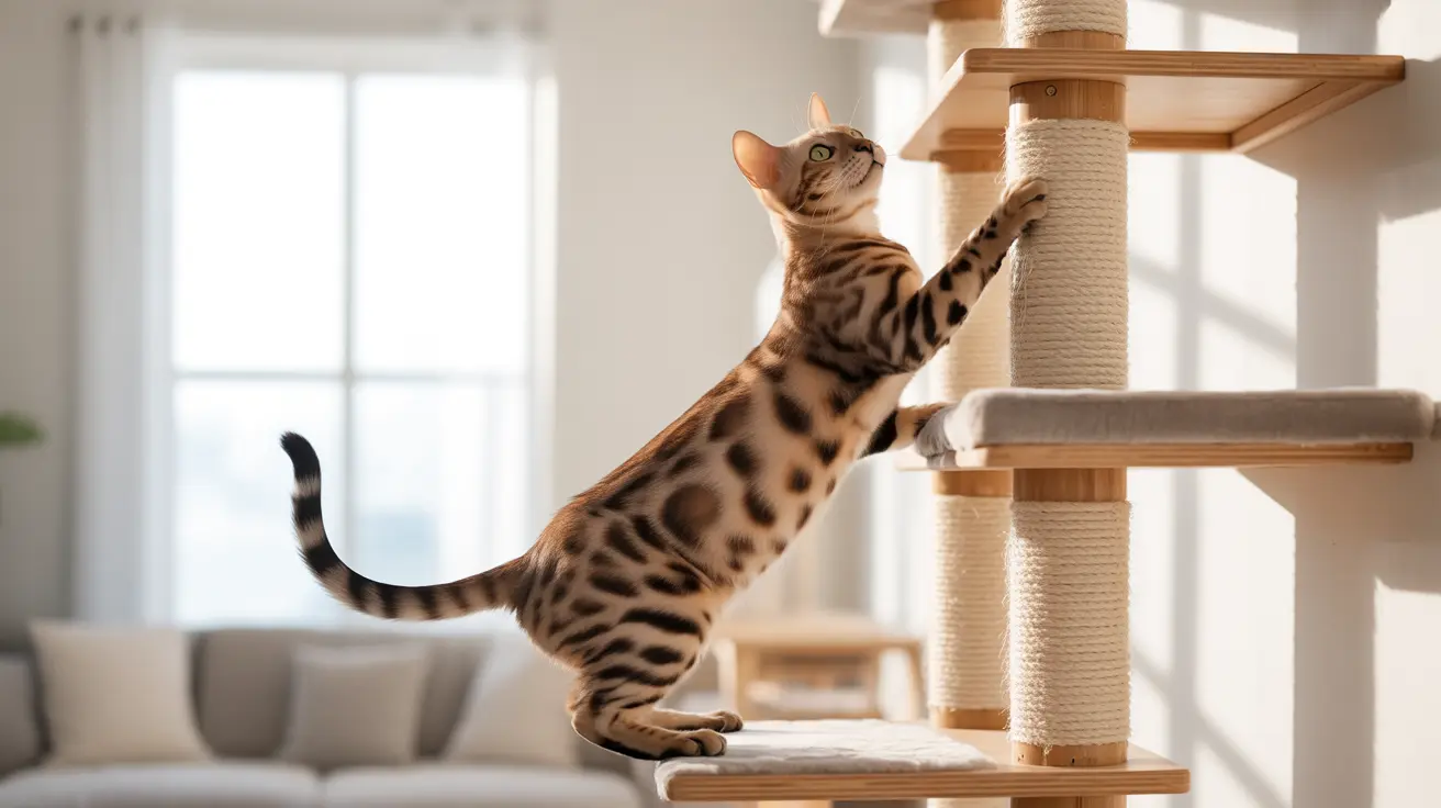 A Bengal cat climbing on a wooden cat tree in a modern living room