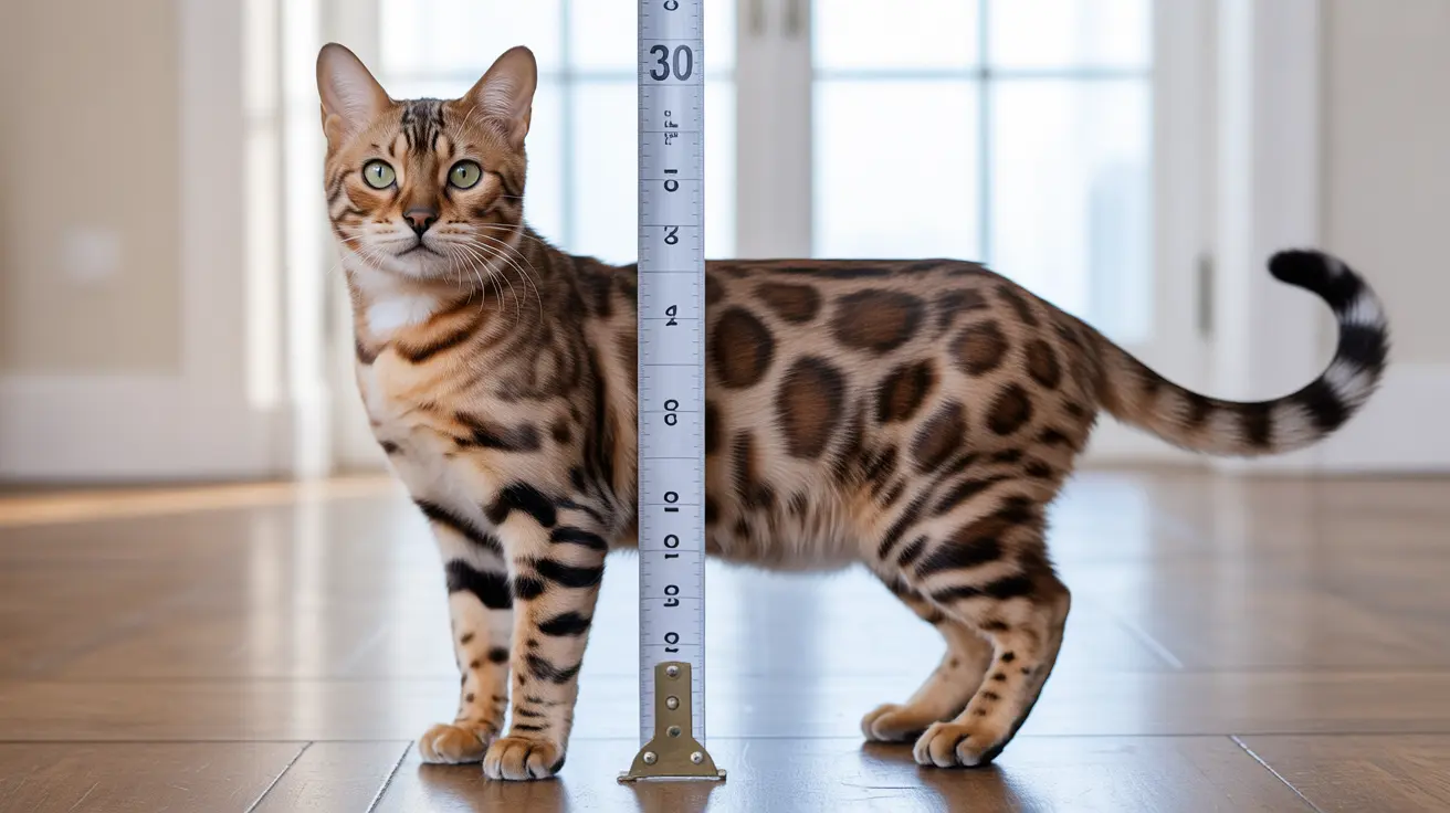 A Bengal cat standing next to a measuring ruler, showcasing its distinctive leopard-like spotted coat pattern