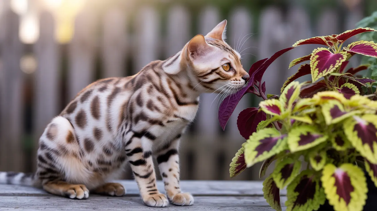A Bengal cat with distinctive spotted fur sitting on a wooden surface and closely examining a colorful coleus plant.