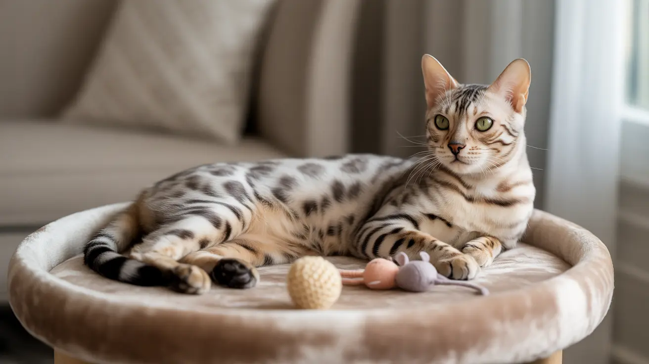 A Bengal cat lounging comfortably on a soft round pet bed with toys nearby
