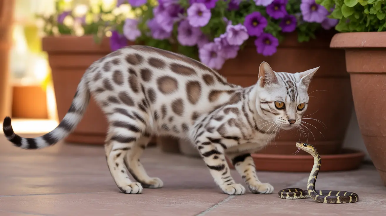 A Bengal cat confronting a small snake near terracotta flower pots with purple flowers
