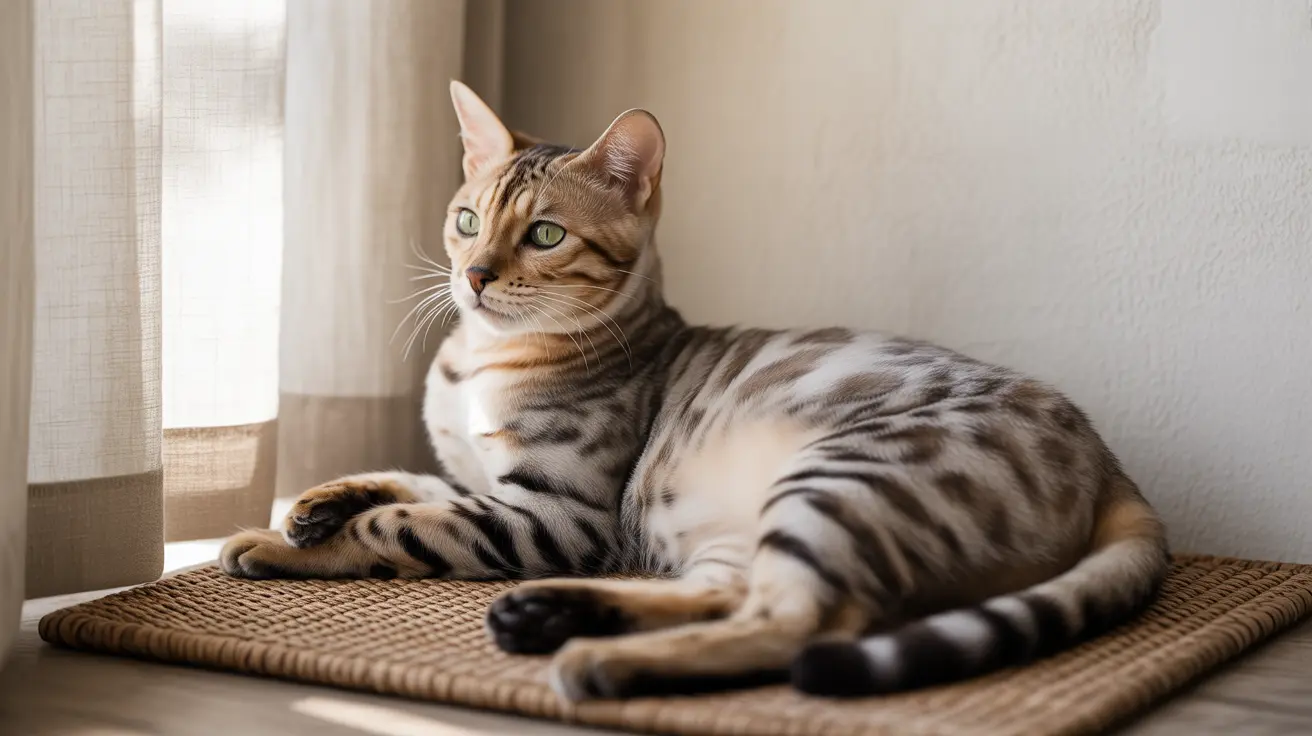 A Bengal cat resting elegantly on a woven mat near a soft-filtered window
