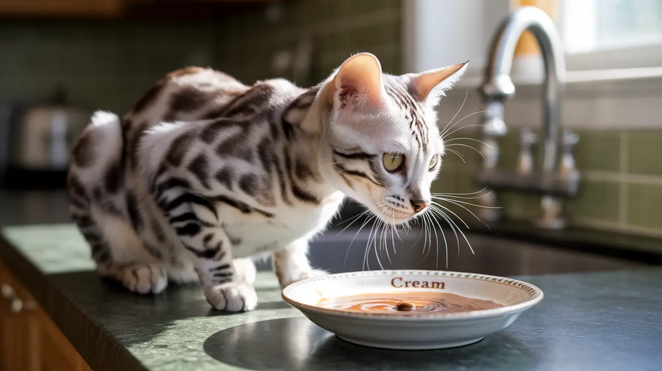 A Bengal cat sits near a cream-labeled dish in a kitchen setting