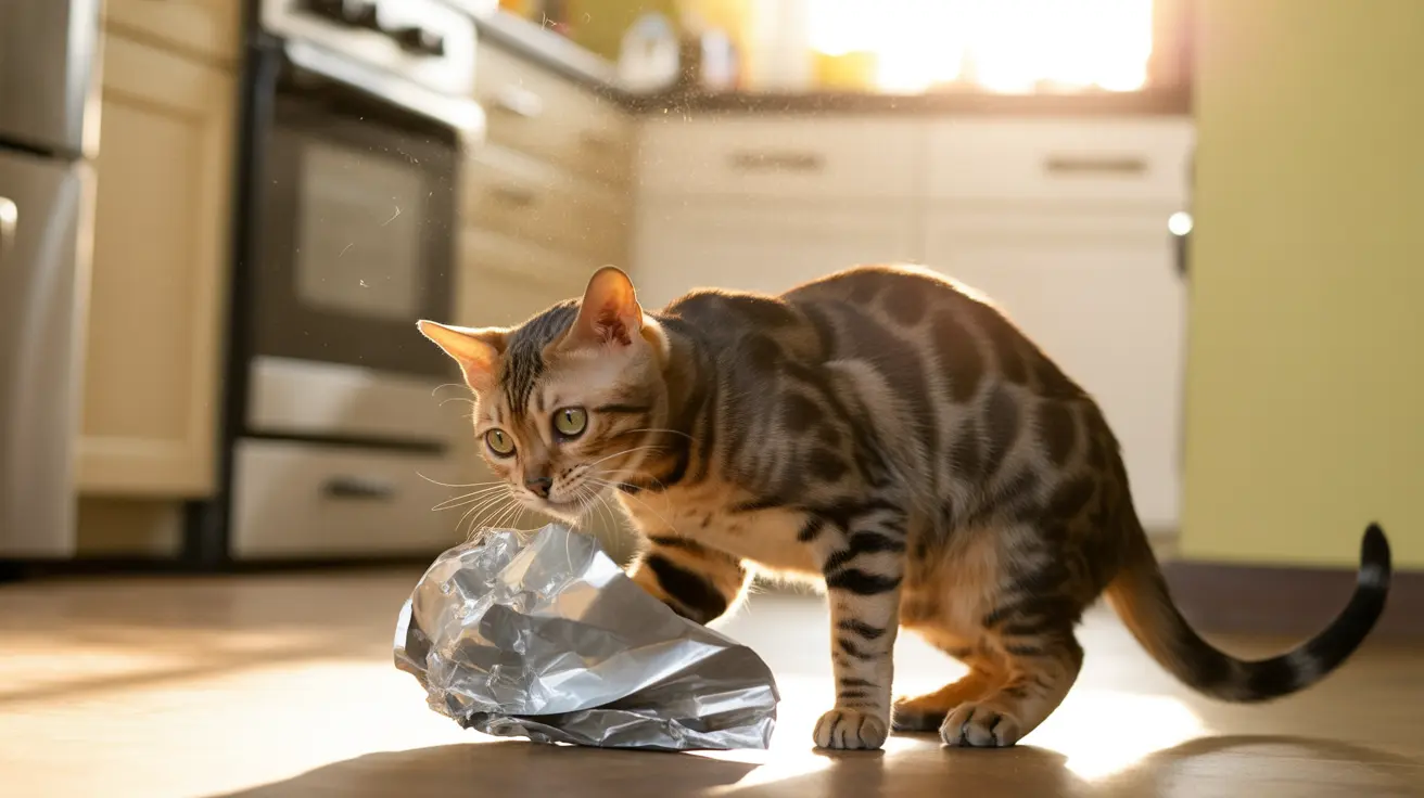 A Bengal cat playing with a crinkly plastic bag in a sunlit kitchen