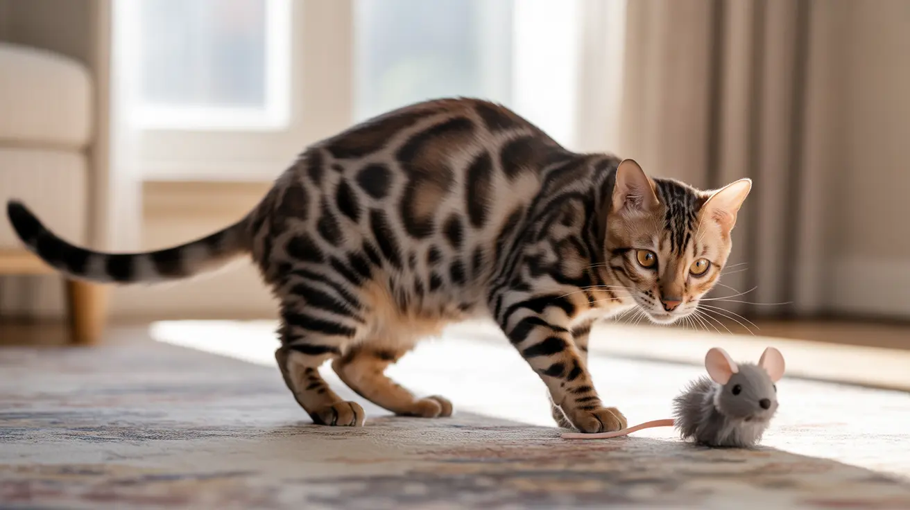 Bengal cat crouched on a rug focused on a small toy mouse