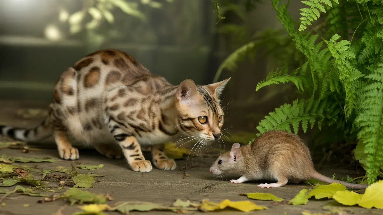 ベンガルキャットがシダの近くで小さなげっ歯類を観察しながら身を低くしている様子
