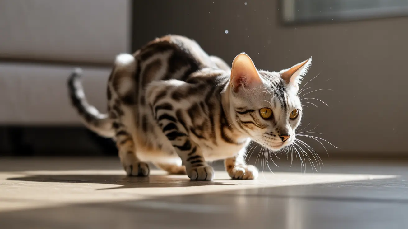 Bengal cat with spotted markings crouching on a tiled floor in a modern interior
