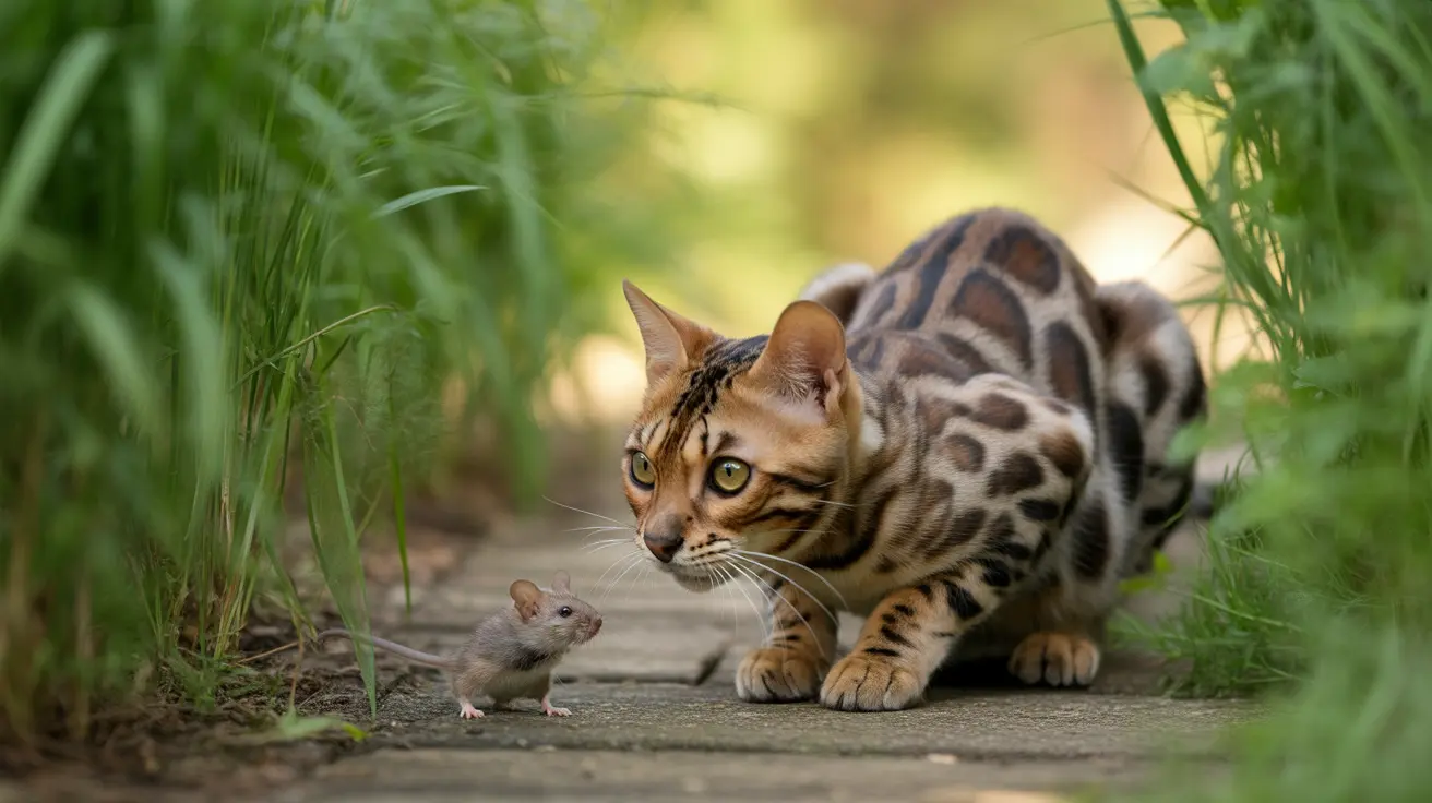 A Bengal cat crouching on a wooden path, intently staring at a small mouse nearby