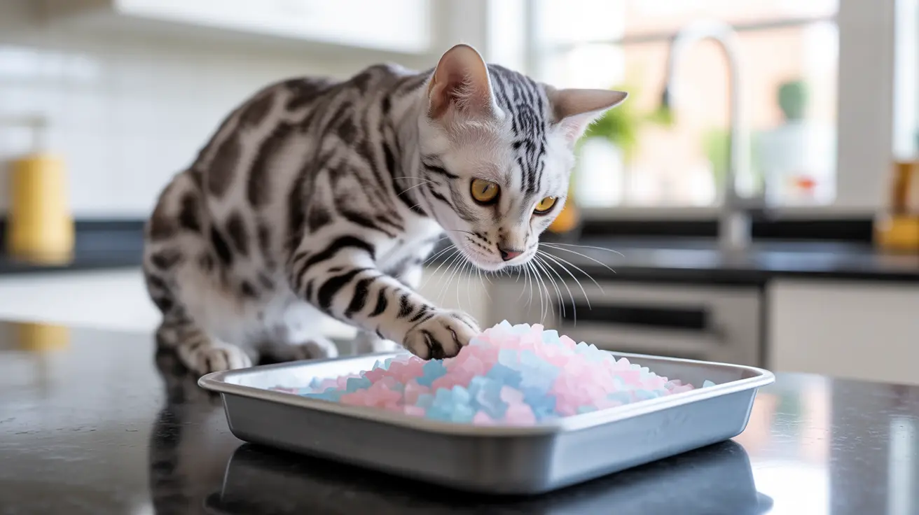 Un gato de Bengala está investigando una bandeja con cuentas o cristales de colores pastel.