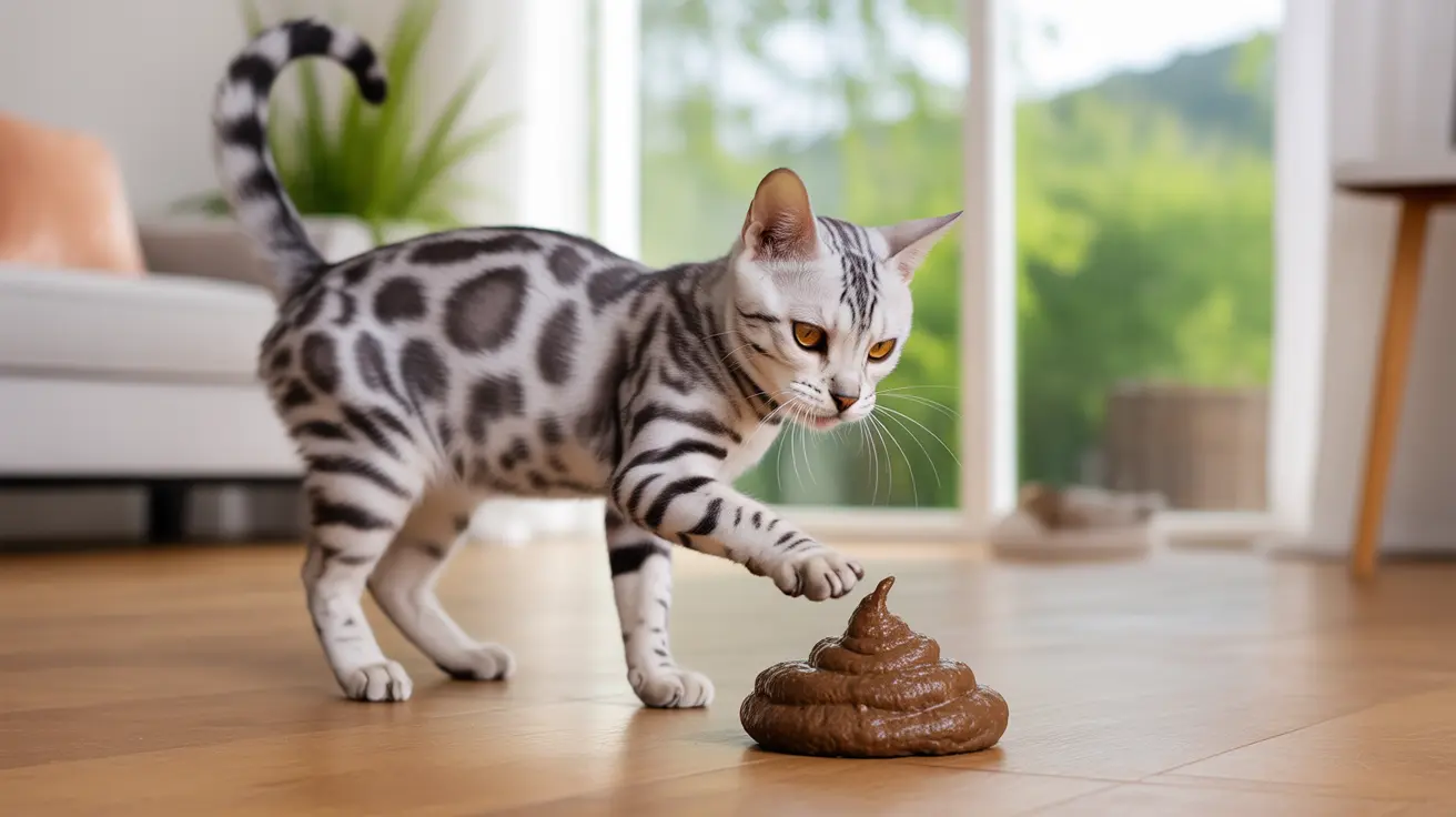 A Bengal cat curiously examining a pile of feces on a wooden floor near a window