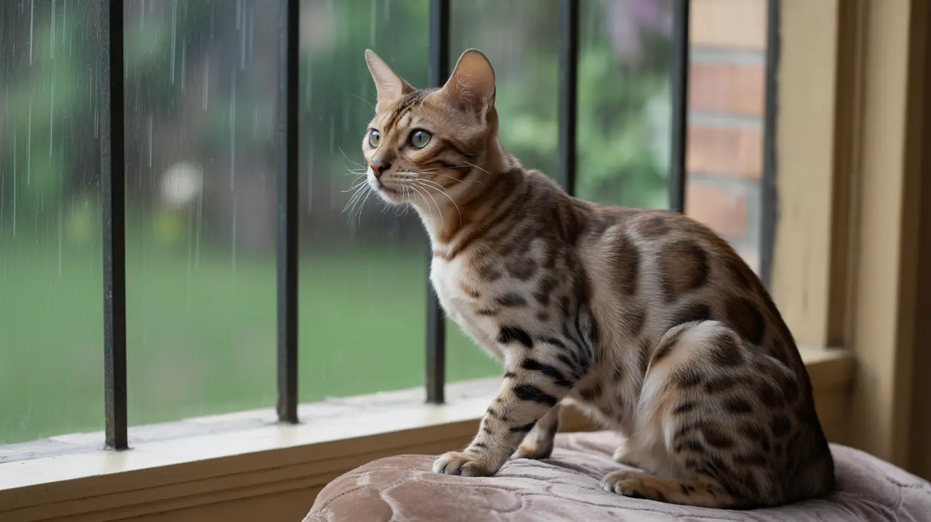 A Bengal cat sitting alertly on a soft cushion near a window with rain falling outside